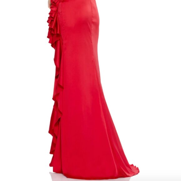 MAC DUGGAL 67815 SATIN RUFFLED THIGH SLIT ASYMMETRICAL RED GOWN sz 10 - Picture 5 of 5